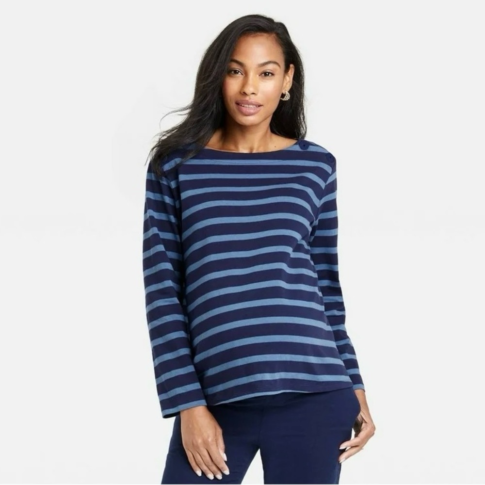The Nines by HATCH Navy and Blue Striped Long Sleeve Maternity Top